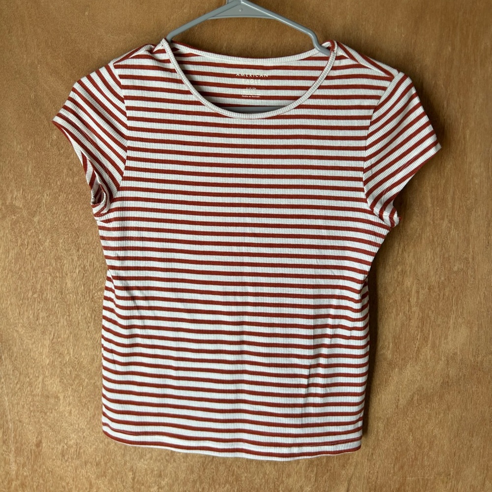 American Eagle Outfitters Rust and White Striped Short Sleeve Tee